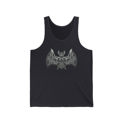Black tank top with stylized Mayan and Aztec bat tribal art graphic.