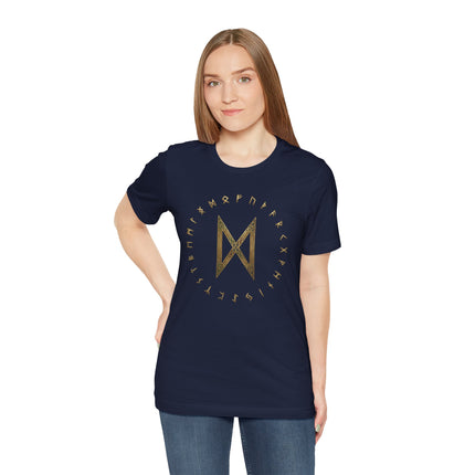 Navy blue t-shirt featuring the golden Dagaz rune and the full Elder Futhark runic alphabet design.