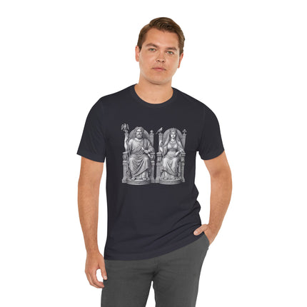 Zeus and Hera Greek gods t-shirt featuring classical mythology art of the King and Queen of Olympus.