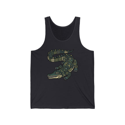Geometric Mayan crocodile tribal art graphic on a black tank top.