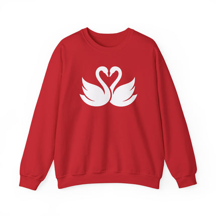 Swans forming a heart graphic on romantic couple pullover sweatshirt design.