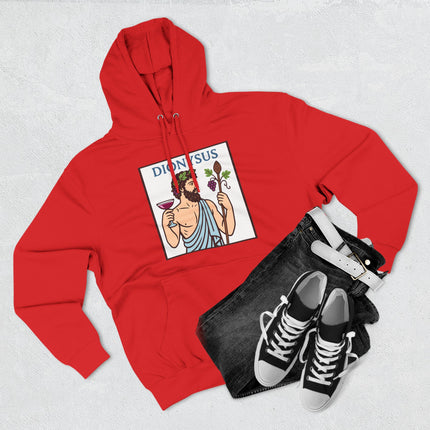 Dionysus, Greek god of wine, illustration with grapes and vines on a red pullover hoodie.