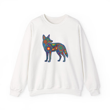 Huichol coyote symbol sweatshirt featuring vibrant Mexican folk art design.