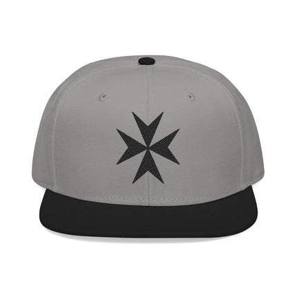 Black Maltese Cross embroidery on a gray snapback cap.