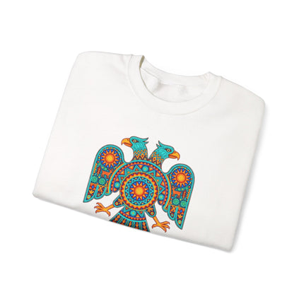 Vibrant two-headed eagle Huichol art design on a Mexican indigenous style pullover sweatshirt.