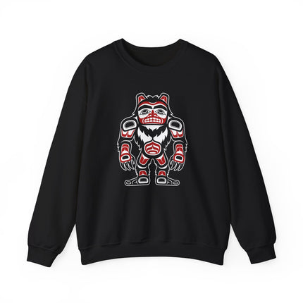 Sasquatch Bigfoot artwork printed on a cozy sweatshirt featuring Pacific Northwest Indigenous style.