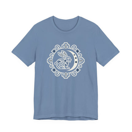 Mayan Rabbit Moon T-Shirt | White Crescent and Geometric Border Tee