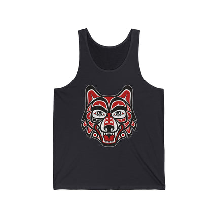 Formline art wolf head design in Pacific Northwest style on a black tank top.