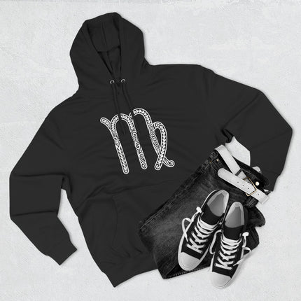 Virgo zodiac symbol hoodie with ornate Celtic knot design.