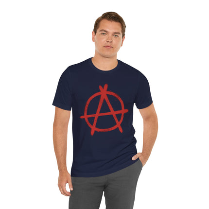 Red spray paint anarchy symbol on a navy blue grunge graphic tee.