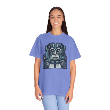 Mayan Monkey Geometric Tribal Art T-Shirt | Blue Green Ape Tee