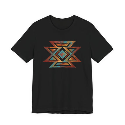 Boho geometric butterfly tribal art design on black tee.