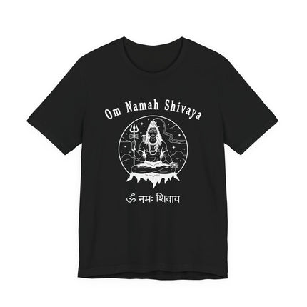 Om Namah Shivaya Lord Shiva graphic tee shirt featuring meditating deity and Hindu mantra.