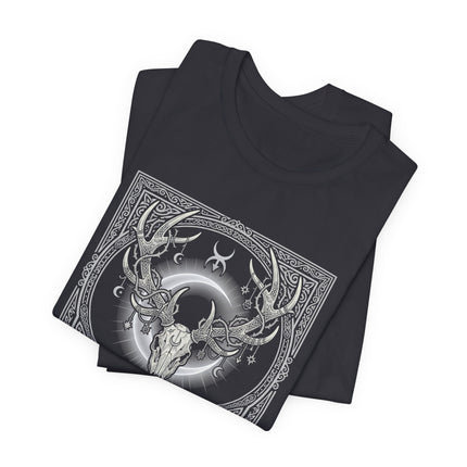 Celtic Stag Skull Art T-Shirt - Tribal Antler Crown with Moon Design