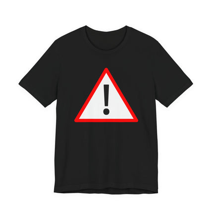 Black t-shirt with red warning sign and exclamation mark graphic.