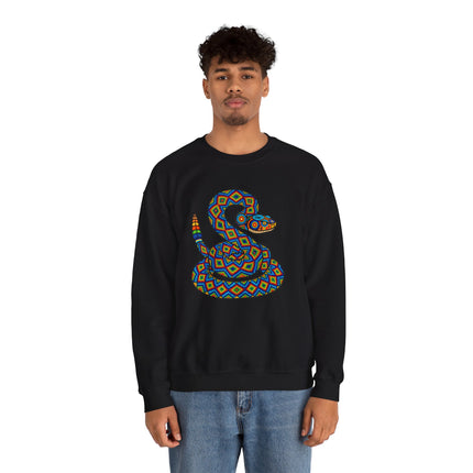 Colorful geometric rattlesnake design in Huichol tribal art on a black pullover sweatshirt.