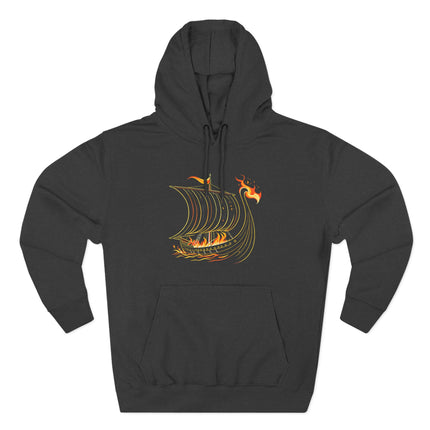 Fiery burning Viking longship graphic design.