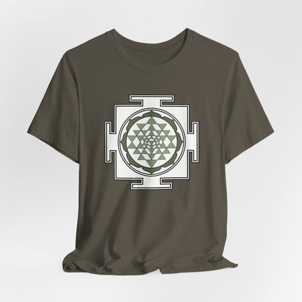 Sacred geometry Sri Yantra mandala graphic tee shirt.