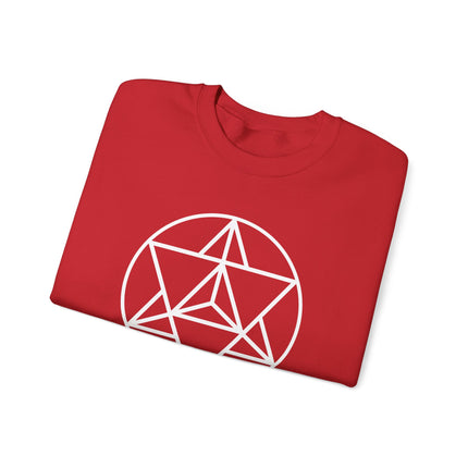 White sacred geometry Merkaba symbol graphic on a red pullover sweatshirt.