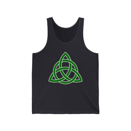 Green triquetra celtic knot symbol on a black tank top.