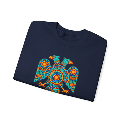 Vibrant Huichol two-headed eagle art on a Mexican indigenous style pullover sweatshirt.