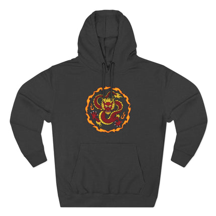 Fiery Chinese dragon graphic coiled in flames on a black pullover hoodie.