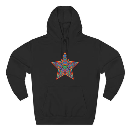 Black hoodie featuring a vibrant geometric Huichol star indigenous art design.