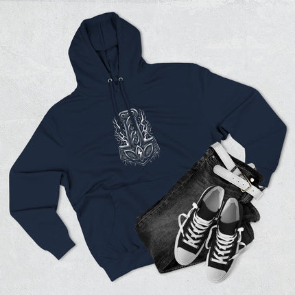 Norse Mjolnir hammer and knotwork graphic on a dark hoodie. Viking mythology design.