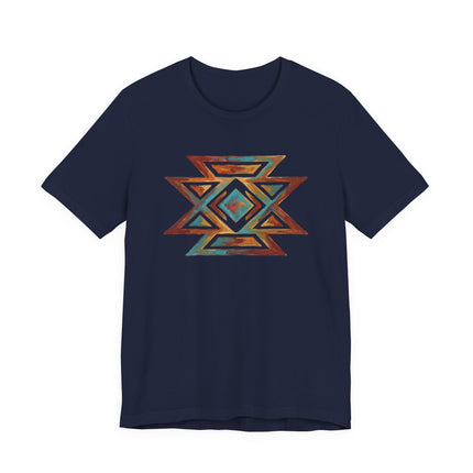 Geometric tribal butterfly design tee in deep navy blue. Southwestern ethnic wear.
