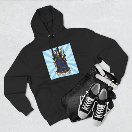 Frigg, Queen of Asgard, Norse mythology goddess graphic art on a black hoodie.