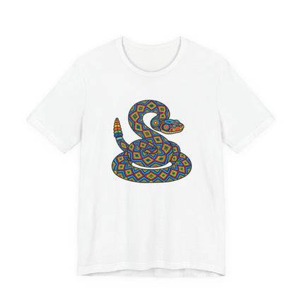 Colorful geometric rattlesnake graphic featuring Mexican Huichol folk art style.