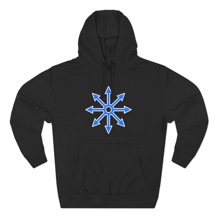Black hoodie featuring a white eight-pointed chaos star symbol graphic.