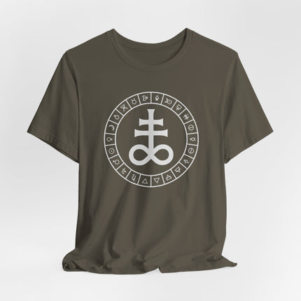 Graphic t-shirt featuring an alchemical symbol and esoteric glyphs, including the Leviathan Cross design.