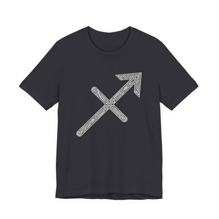 Norse knotwork Sagittarius arrow graphic tee on a black t-shirt.