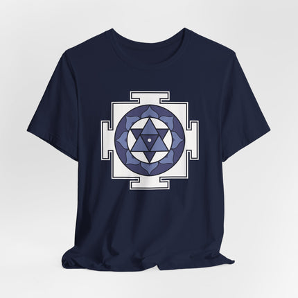 Shiva Yantra sacred geometry mandala print on a navy blue spiritual tee.