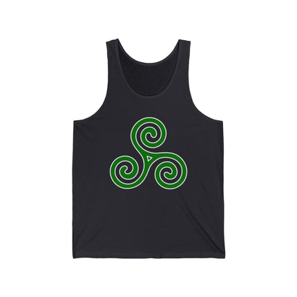 Green Celtic triskelion spiral symbol on black tank top. Irish mythology art.