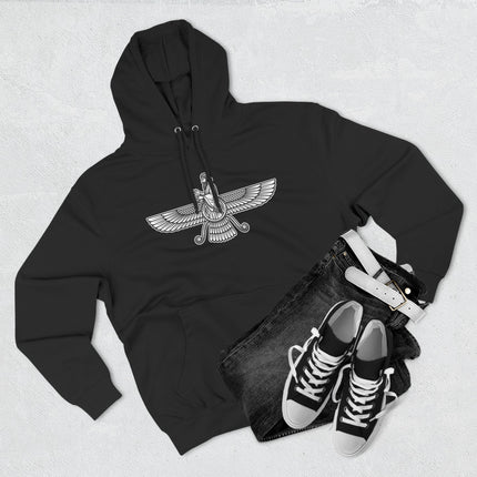 Zoroastrian Faravahar symbol graphic on a black pullover hoodie.