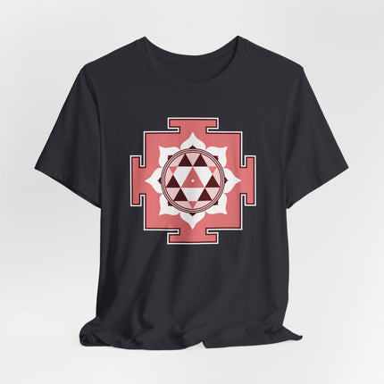 Hindu Durga Yantra sacred geometry symbol graphic tee on black shirt.