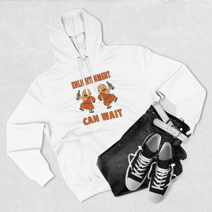 Funny hoodie featuring two cartoon monks drinking and the phrase "Enlightenment Can Wait.