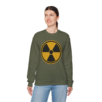 Olive green sweatshirt featuring a yellow radiation hazard symbol graphic.
