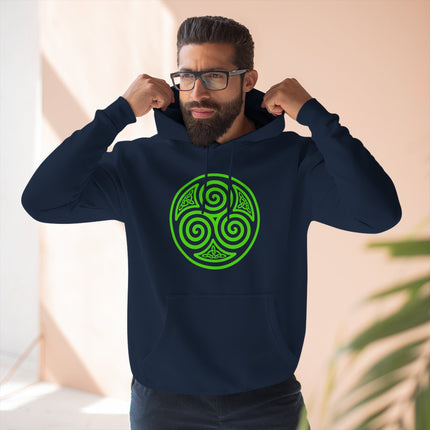 Navy hoodie featuring a bright green Celtic Triskelion triple spiral symbol graphic.