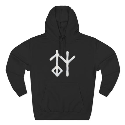 Black pullover hoodie featuring white runic symbols and Norse mythology designs.