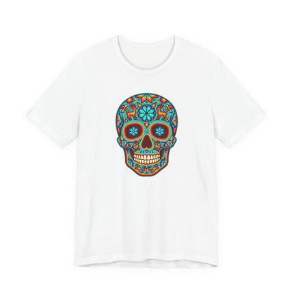 Colorful Mexican sugar skull graphic tee featuring Día de los Muertos folk art.