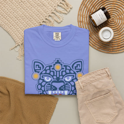 Aztec Jaguar Mask T-Shirt | Teal Feline Face with White Fang Details Tee
