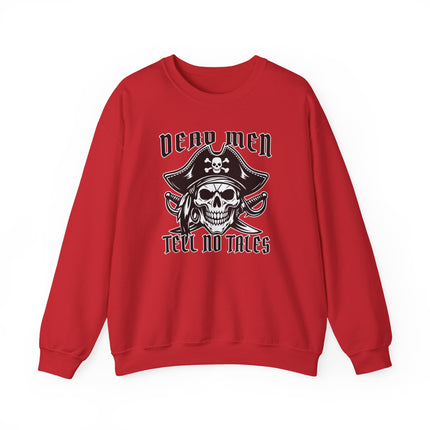 Dead Men Tell No Tales pirate skull jolly roger graphic sweatshirt featuring distressed print.