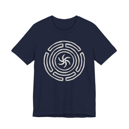 Hekate Strophalos Wheel symbol on a dark blue witchcraft mythology t-shirt.