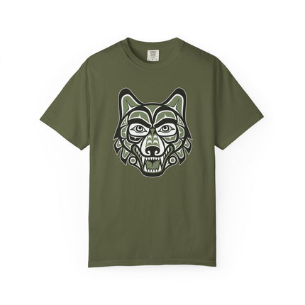 Indigenous Haida wolf head graphic tee featuring Pacific Northwest formline art.