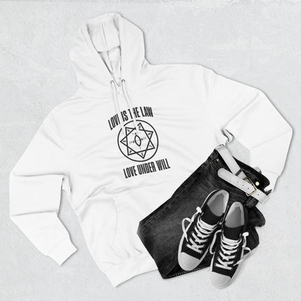 Love Is The Law sigil graphic on a white unisex Thelema occult hoodie.