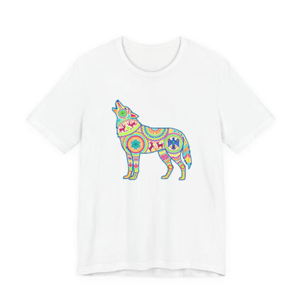 Vibrant geometric Huichol folk art wolf graphic for a boho style t-shirt.