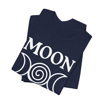 Moon goddess t-shirt featuring the word "MOON" and three stylized crescent moon phases.